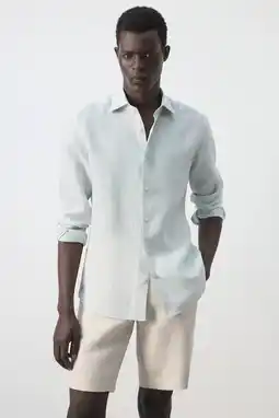 Wehkamp Mango Man slim fit overhemd met krijtstreep en linnen - groen aanbieding