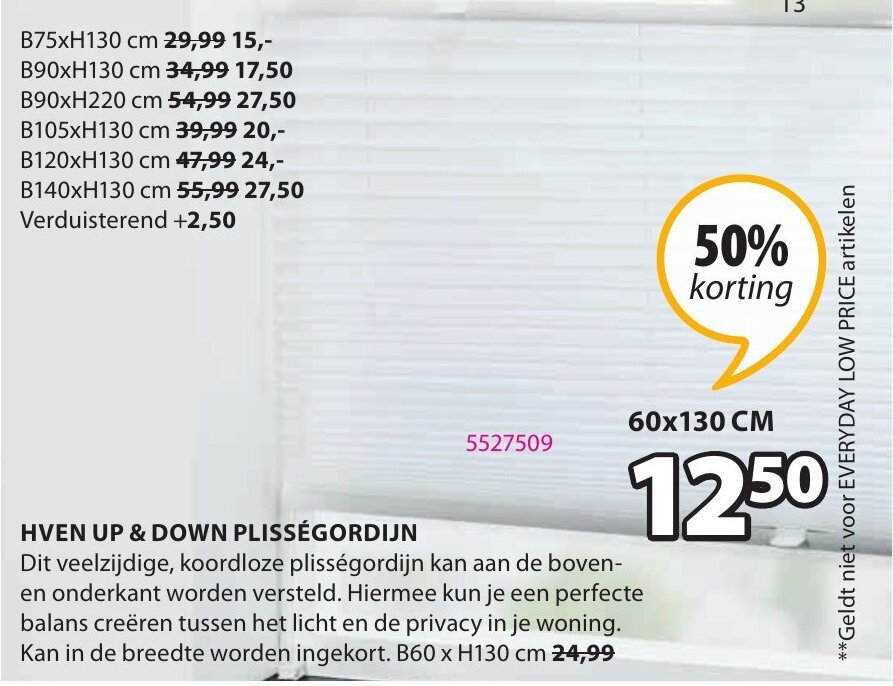 Hven up & down plissegordijn 60 x 130cm aanbieding bij Jysk