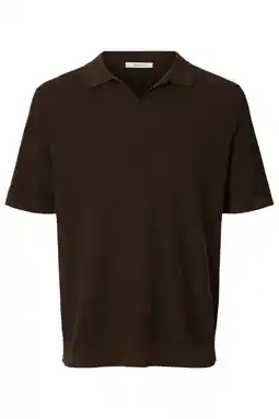 Wehkamp Selected regular polo met linnen gebreid bruin aanbieding