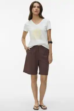 Wehkamp VERO MODA straight highwaist bermuda short met linnen donkerbruin aanbieding