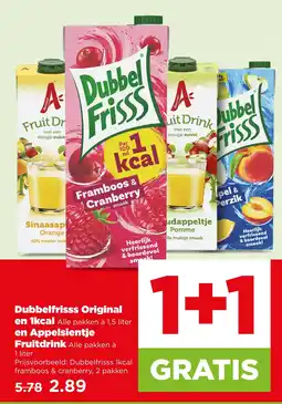 PLUS Dubbelfrisss original en 1kcal en appelsientje fruitdrink aanbieding