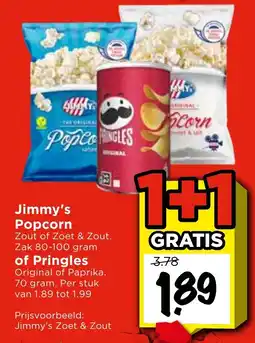 Vomar Voordeelmarkt Jimmy's Popcorn of Pringles aanbieding