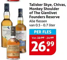 Hoogvliet Talisker skye, chivas, monkey shoulder of the glenlivet founders reserve aanbieding