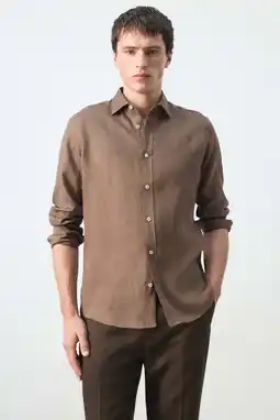 Wehkamp Mango Man regular casual overhemd met linnen bruin aanbieding