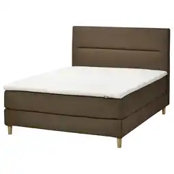 IKEA Modern olijfkleurig bed met witte matras, gestoffeerd hoofdeinde en houten poten aanbieding
