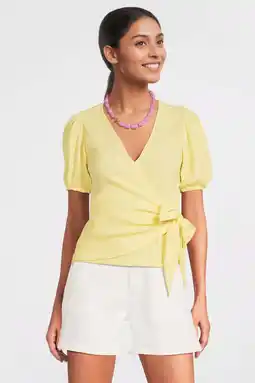 Wehkamp Anytime crinkle overslagtop met pofmouwen geel aanbieding