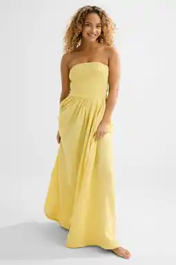 Wehkamp BEACHWAVE strapless mousseline strandjurk lichtgeel aanbieding