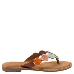 Wehkamp Lazamani Loua leren teenslippers met kraaltjes cognac/pastel aanbieding