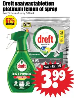 Dirk Dreft Vaatwastabletten Platinum Lemon of Spray aanbieding