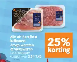 Albert Heijn Alle AH Excellent Italiaanse droge worsten of vleeswaren aanbieding