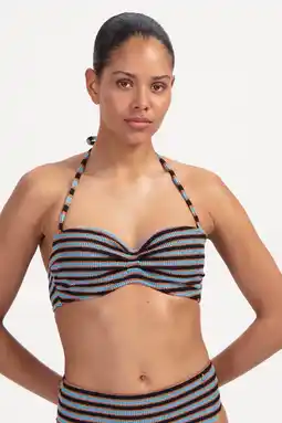 Wehkamp Beachlife voorgevormde strapless bandeau bikinitop met textuur blauw/bruin aanbieding