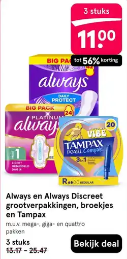 Etos Always en Always Discreet grootverpakkingen, broekjes en Tampax aanbieding