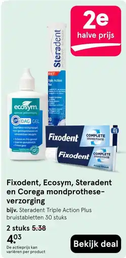 Etos Fixodent, Ecosym, Steradent en Corega mondprothese-verzorging aanbieding