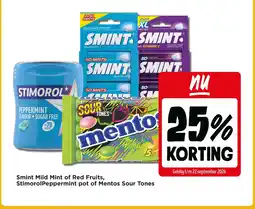 Jumbo Smint mild mint of red fruits, stimorol peppermint pot of mentos sour tones aanbieding