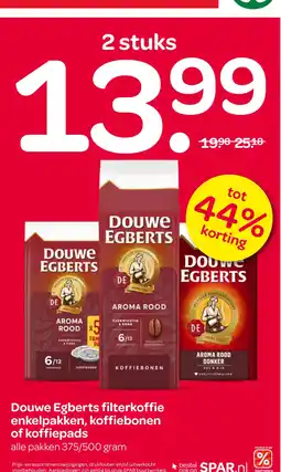 Spar Douwe Egberts filterkoffie enkel pakken, koffiebonen of koffiepads aanbieding