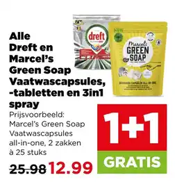PLUS Alle dreft en marcel's green soap vaatwascapsules, -tabletten en 3in1 spray aanbieding