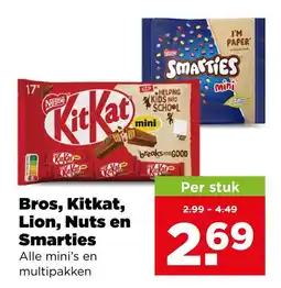 PLUS Bros, kitkat, lion, nuts en smarties aanbieding
