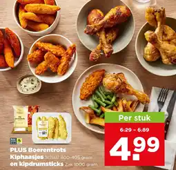 PLUS Plus boerentrots kiphaasjes en kipdrumsticks aanbieding