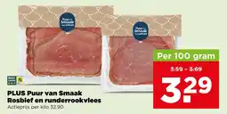 PLUS Plus puur van smaak rosbiief en runderrookvlees aanbieding