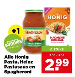 PLUS Alle honig pasta, heinz pastasaus en spagheroni aanbieding