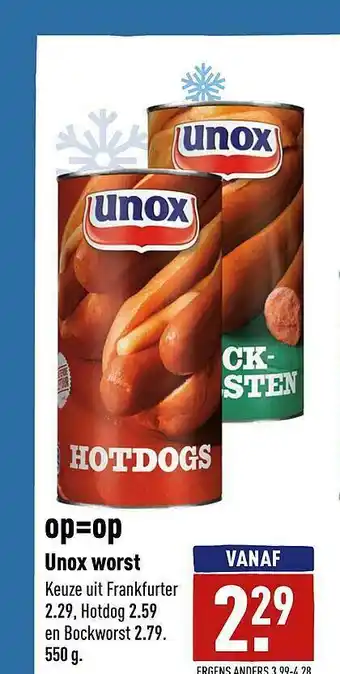 ALDI Unox Worst : Frankfurter, Hotdog En Bockworst aanbieding