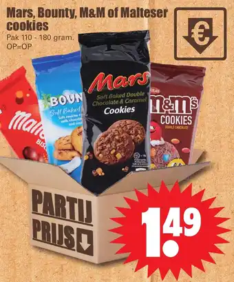 Dirk Mars, bounty, M&M of malteser cookies 110-180g aanbieding