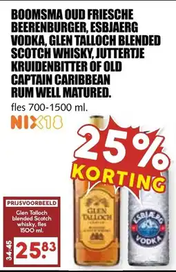 De Boerenschuur Boomsma Oud Friesche Beerenburger, Esbjaerg Vodka, Glen Talloch Blended Scotch Whisky, Juttertje Kruidenbitter of Old Captain aanbieding