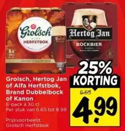 Vomar Voordeelmarkt Grolsch, Hertog Jan of Alfa Herfstbok, Brand Dubbelbock of Kanon aanbieding