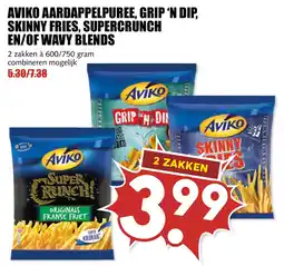 De Boerenschuur Aviko aardappelpuree, grip 'n dip, skinny fries, supercrunch en/of wavy blends aanbieding