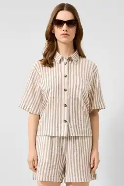 Wehkamp QS loose fit gestreepte seersucker blouse - bruin aanbieding
