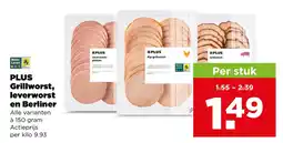 PLUS Plus grillworst, leverworst en berliner aanbieding