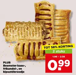 PLUS Plus beemster kaas-, frikandel-, en kipsatébroodje aanbieding