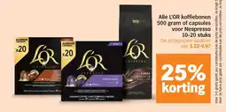 Albert Heijn Alle L'OR koffiebonen 500 gram of capsules voor Nespresso 10-20 stuks aanbieding