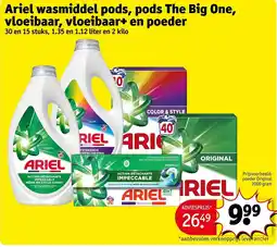 Kruidvat Ariel wasmiddel pods, pods The Big One, vloeibaar, vloeibaar+ en poeder aanbieding