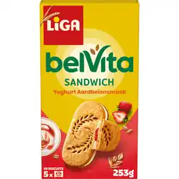 Jumbo Liga belVita Sandwich Yoghurt Aardbeiensmaak 5x2 biscuits 253 g aanbieding