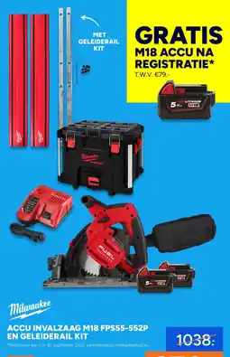 BOUWMAAT Milwaukee ACCU INVALZAAG M18 FPS55-552P EN GELEIDERAIL KIT aanbieding