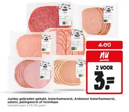 Jumbo Jumbo gebraden gehakt, boterhamworst, Ardenner boterhamworst, salami, palingworst of leverkaas aanbieding