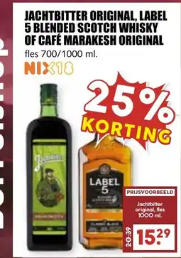 De Boerenschuur Jachtbitter original, label 5 blended scotch whisky of café marakesh original aanbieding