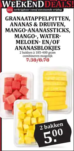De Boerenschuur granaatappelpitten, ananas & druiven, mango-ananassticks, mango-, water-meloenen-en/of ananasblokjes aanbieding