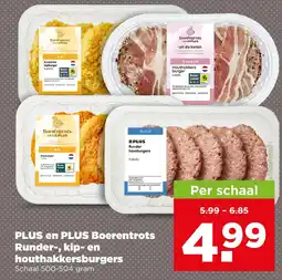 PLUS PLUS en PLUS Boerentrots Runder-, kip- en houthakkersburgers aanbieding