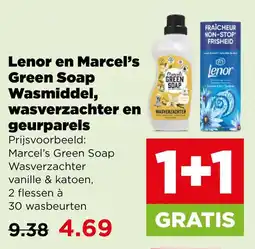 PLUS Lenor en Marcel's Green Soap Wasmiddel, wasverzachter en geurparels aanbieding