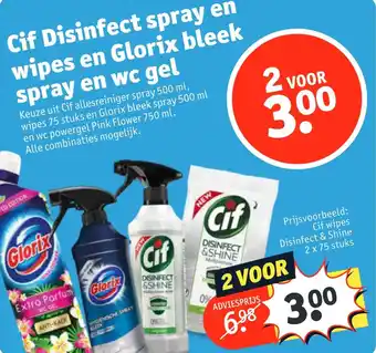 Kruidvat Cif disinfect spray en wipes en glorix bleek spray en wc gel aanbieding