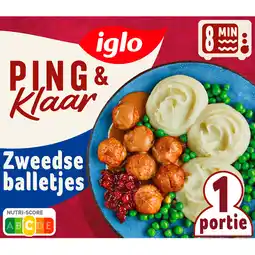 Jumbo Iglo Ping & Klaar Zweedse Balletjes met aardappelpuree, erwten en rode bosbessencoulis 400 g aanbieding