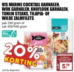 De Boerenschuur vis marine cocktail garnalen, wok garnalen, knoflook garnalen, tonijn steaks, tilapia- of wilde zalmfilets aanbieding