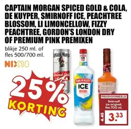 De Boerenschuur Captain morgan spiced gold & cola, de kuyper, smirnoff ice, peachtree blossom, li limoncellow, fizzy peachtree, gordon's lond aanbieding