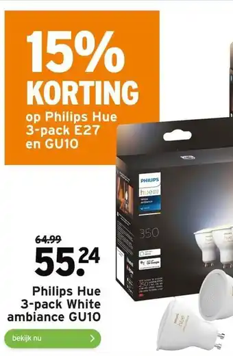 GAMMA Philips Hue 3-pack White ambiance GU10 aanbieding