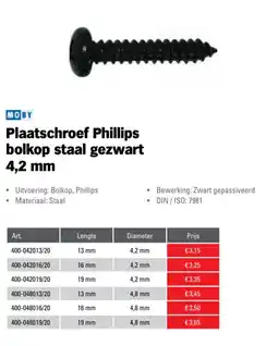 Toolspecial Moby Plaatschroef Phillips bolkop staal gezwart 4,2 mm aanbieding