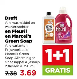 PLUS Dreft Alle wasmiddel en wasverzachter en Fleuril en Marcel's Green Soap aanbieding
