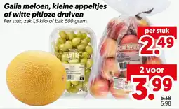 Dekamarkt Galia meloen, kleine appeltjes of witte pitloze druiven aanbieding