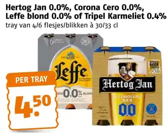 Poiesz Hertog Jan 0.0%, Corona Cero 0.0%, Leffe blond 0.0% of Tripel Karmeliet 0.4% aanbieding
